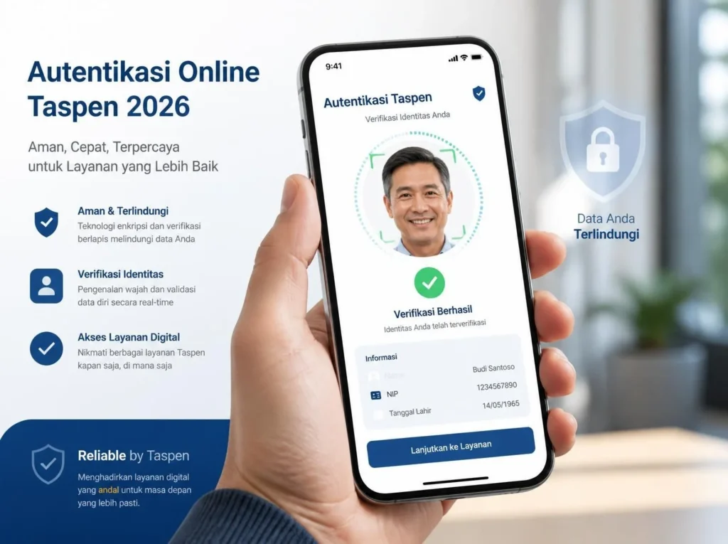 Pensiunan melakukan otentikasi Taspen online dengan verifikasi wajah di aplikasi smartphone, data aman dan terverifikasi.