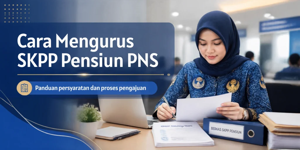 Petugas PNS berhijab sedang mengurus berkas SKPP Pensiun, ada laptop dan tumpukan dokumen di meja kerja.