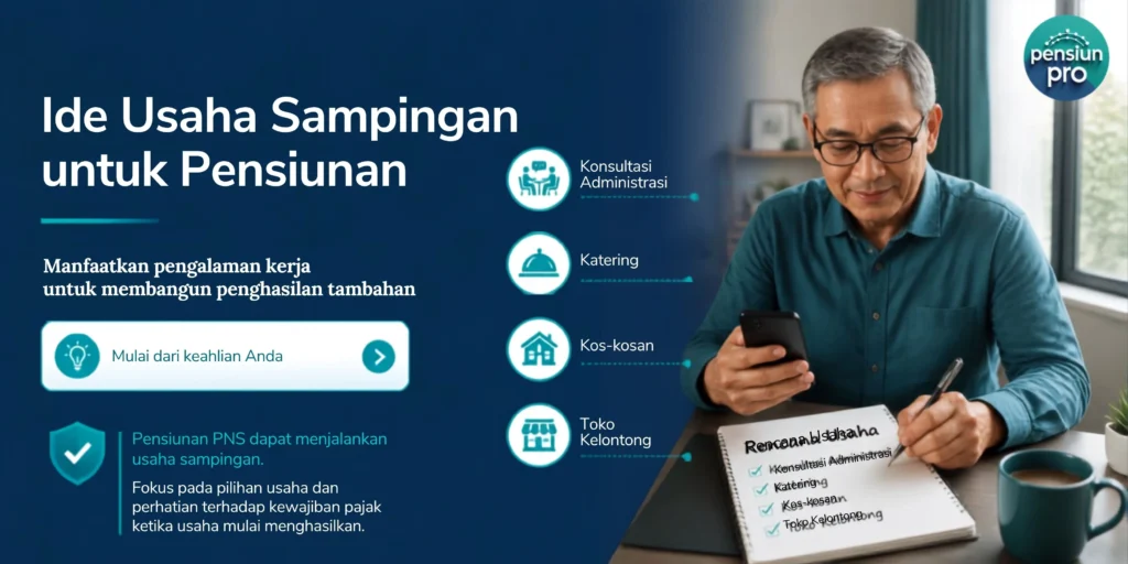 Ide usaha sampingan untuk pensiunan PNS dengan ilustrasi konsultasi, katering, kos-kosan, dan toko kelontong.