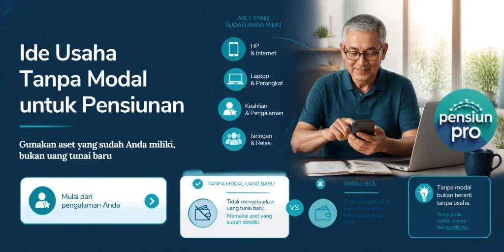 usaha tanpa modal untuk pensiunan dengan ilustrasi pensiunan menggunakan laptop dan smartphone untuk memulai usaha berbasis pengalaman.