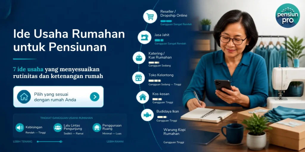 7 ide usaha rumahan untuk pensiunan dengan ilustrasi pensiunan merencanakan usaha di rumah.