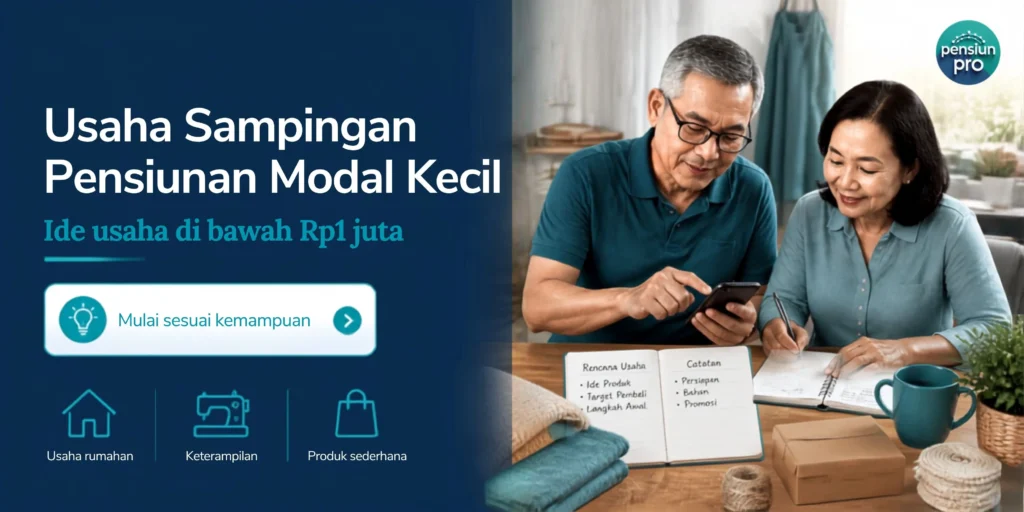 usaha sampingan pensiunan modal kecil di bawah Rp1 juta dengan ilustrasi pensiunan merencanakan usaha menggunakan smartphone.