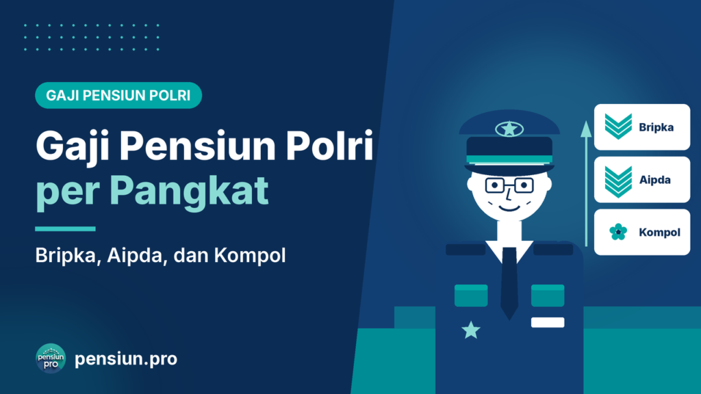 Ilustrasi purnawirawan polisi bertopi pet dengan tangga pangkat generik Bripka, Aipda, dan Kompol — pensiun.pro