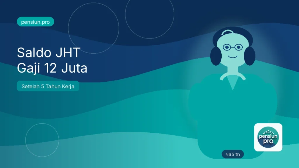 Ilustrasi pensiunan wanita sekitar 65 tahun dengan saldo JHT gaji Rp12 juta 5 tahun kerja — pensiun.pro