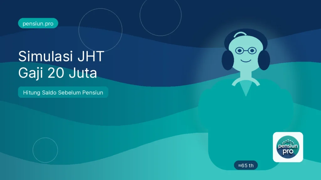 Ilustrasi pensiunan wanita sekitar 65 tahun dengan simulasi JHT gaji Rp20 juta — pensiun.pro