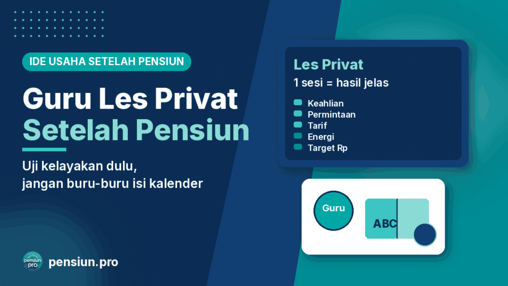Ilustrasi guru les privat setelah pensiun sedang mengajar satu siswa dengan buku dan papan, warna navy dan teal — pensiun.pro