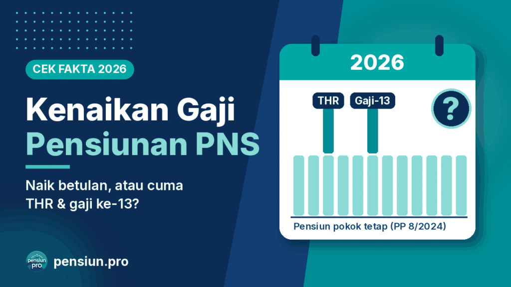 Ilustrasi kalender 2026 dan grafik pensiun PNS dengan label THR dan gaji ke-13, cek fakta kenaikan gaji pensiunan PNS 2026 — pensiun.pro