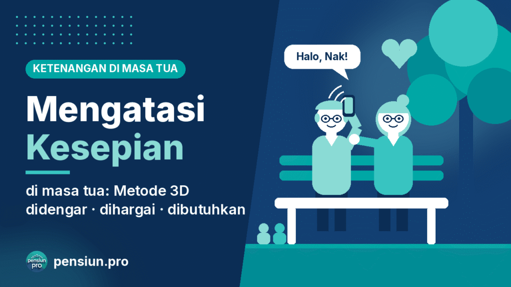 Ilustrasi cara mengatasi kesepian di masa tua: dua lansia berbincang hangat di bangku taman sambil menelepon keluarga lewat ponsel — pensiun.pro