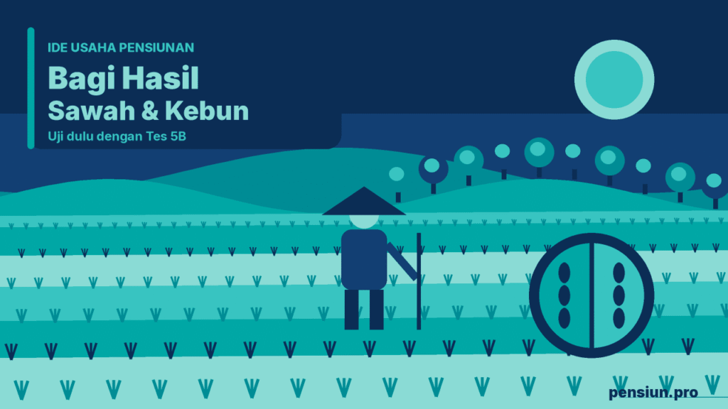 Ilustrasi pensiunan bercaping di sawah terasering dan kebun dengan simbol pembagian hasil panen, panduan usaha bagi hasil sawah dan kebun — pensiun.pro